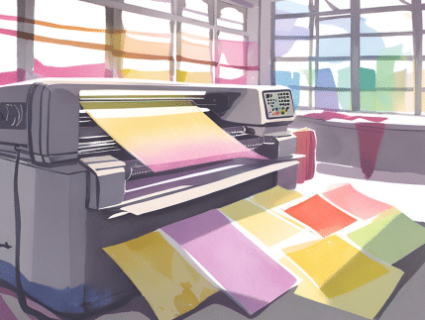 A large, industrial printing press, featuring multiple rollers, feeding paper through the machi